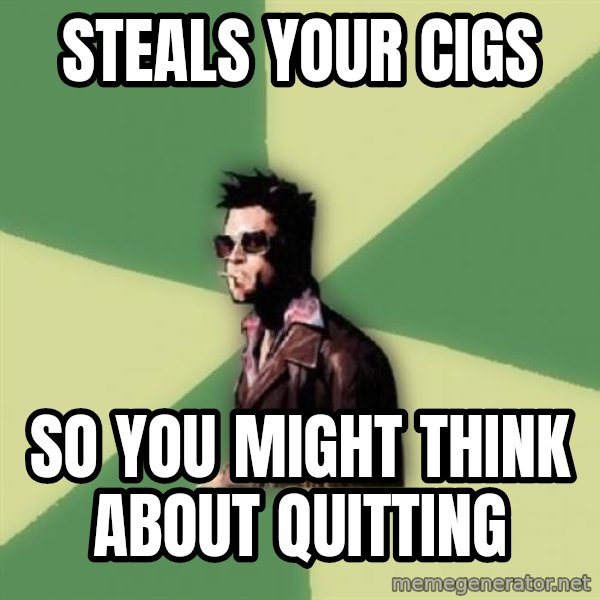 Tyler Durden meme: steals your  cigs / so you might think       about quitting