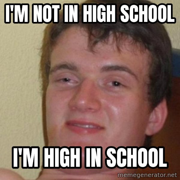 Really Stoned Guy meme: I'm not in high school / I'm high in school