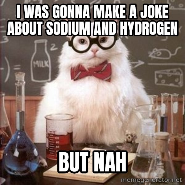 Chemistry Cat meme: I was gonna make a joke about Sodium and Hydrogen / But nah