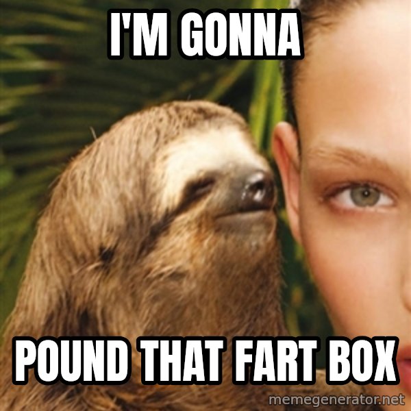 The Rape Sloth meme: I'm gonna / Pound that fart box