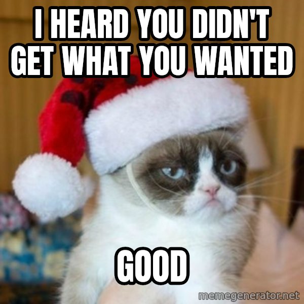 Grumpy Cat Santa Hat meme: I heard you didn't get what you wanted / Good