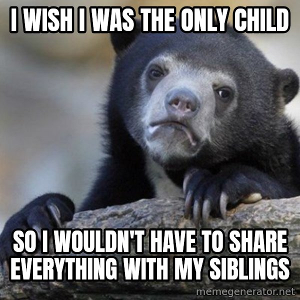 Confession Bear meme: I WISH I WAS THE ONLY CHILD / SO I WOULDN'T HAVE TO SHARE EVERYTHING WITH MY SIBLINGS