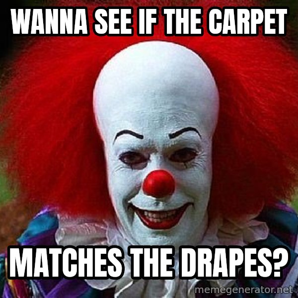 Pennywise the Clown meme: Wanna see if the Carpet / Matches the Drapes?