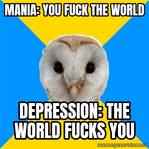 Bipolar Owl meme: MANIA: YOU FUCK THE WORLD / DEPRESSION: THE wORLD fUcks you