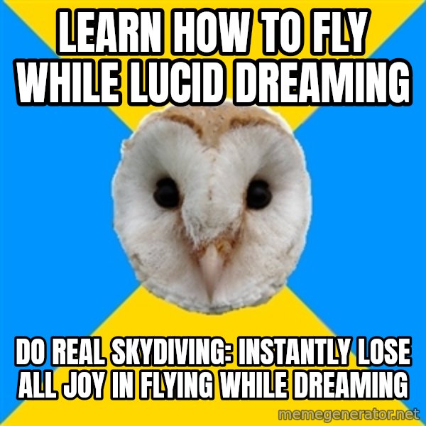 Bipolar Owl meme: Learn how to fly while Lucid Dreaming / Do real skydiving: instantly lose all joy in Flying while Dreaming