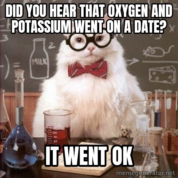 Science Cat meme: Did you hear that Oxygen and Potassium went on a Date? / It Went OK