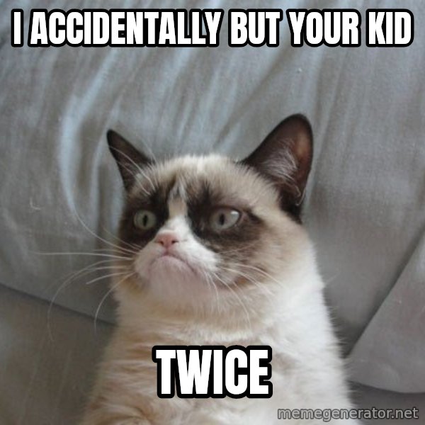 Grumpy cat good meme: I ACCIDENTALLY BUT YOUR KID / TWICE