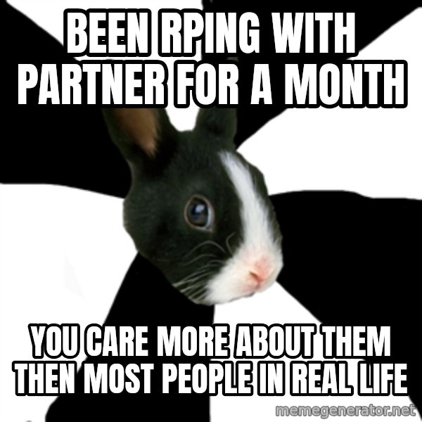 Roleplaying Rabbit meme: Been RPing with partner for a month / you care more about them then most people in real life