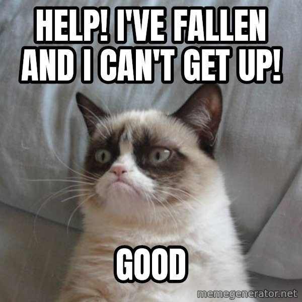 Grumpy cat good meme: Help! I've fallen and I can't get up! / Good