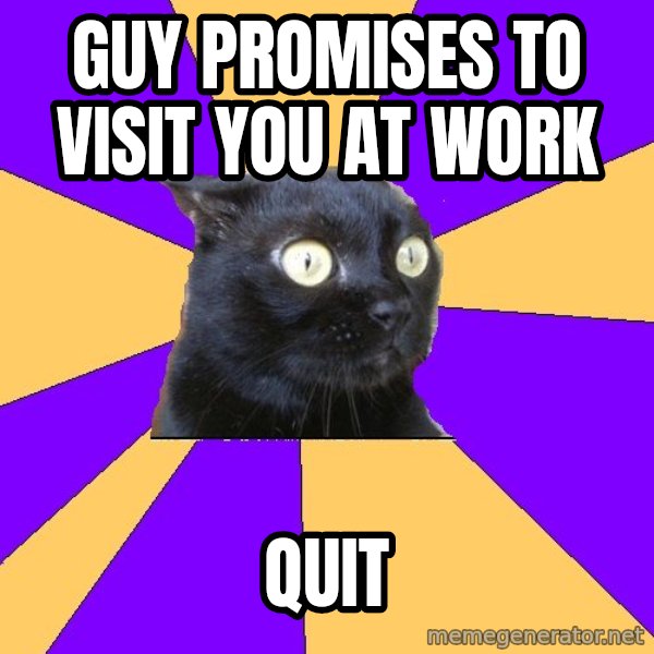 Anxiety Cat meme: GuY promises to visit you at work / Quit