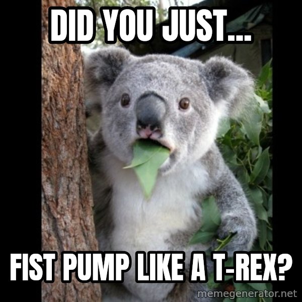 Koala can't believe it meme: did you just... / fist pump like a t-rex?