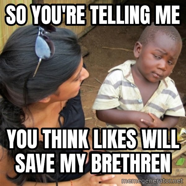 So You're Telling me meme: SO YOU'RE TELLING ME / YOU THINK LIKES WILL SAVE MY BRETHREN