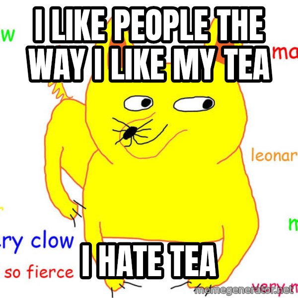 Grumpy Cat  meme: I LIKE PEOPLE THE WAY I LIKE MY TEA / I HATE TEA