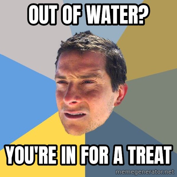 Bear Grylls meme: out of water? / you're in for a treat