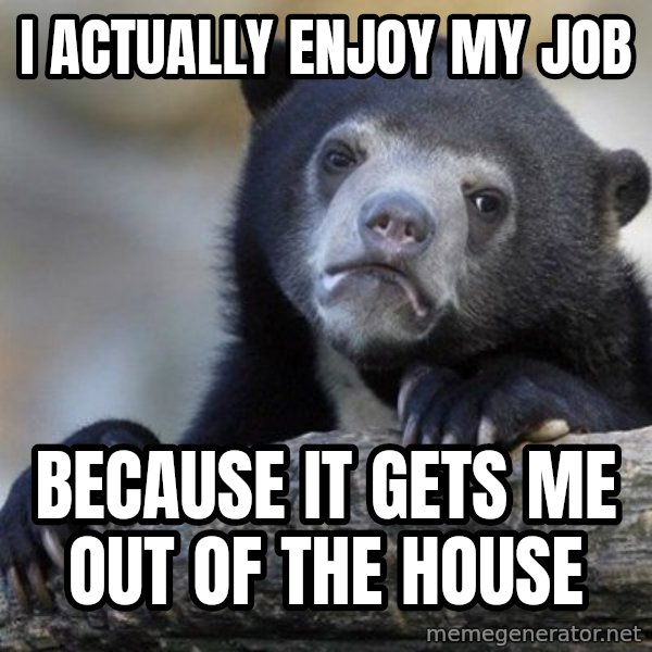 Confession Bear meme: i actually enjoy my job / because it gets me out of the house