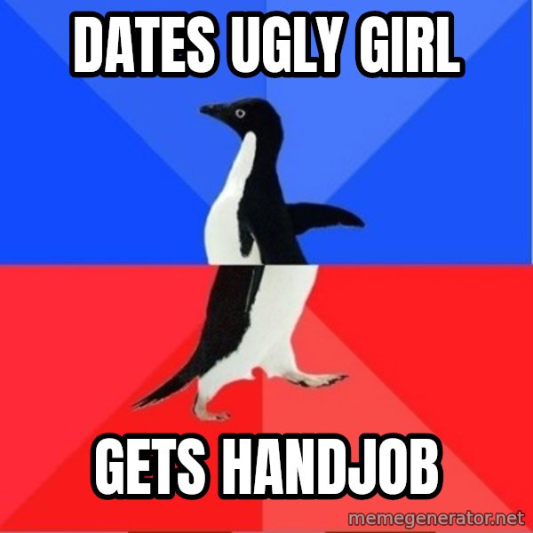 Socially Awkward to Awesome Penguin meme: DATES UGLY GIRL / GETS HANDJOB