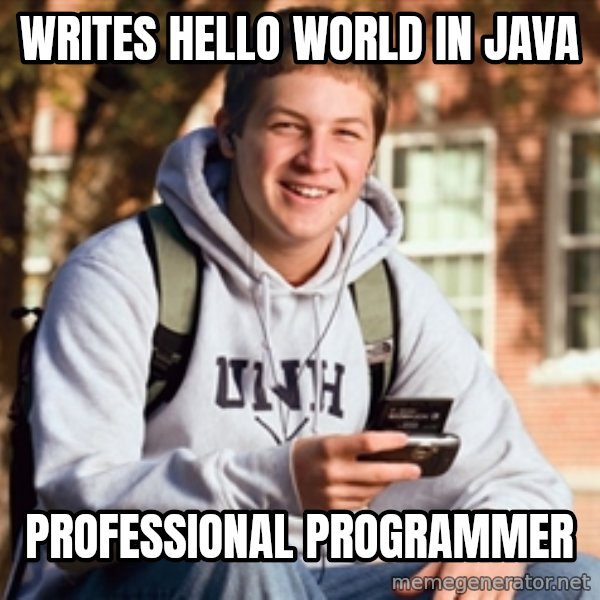College Freshman meme: Writes Hello World in Java / professional programmer