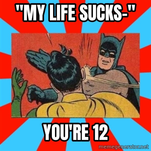 Batman Bitchslap meme: "my life sucks-" / you're 12