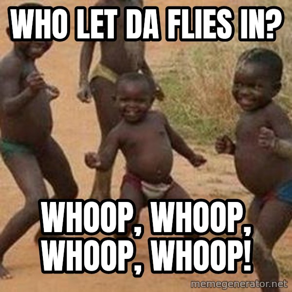 african children dancing meme: Who let da flies in? / Whoop, whoop, whoop, whoop!