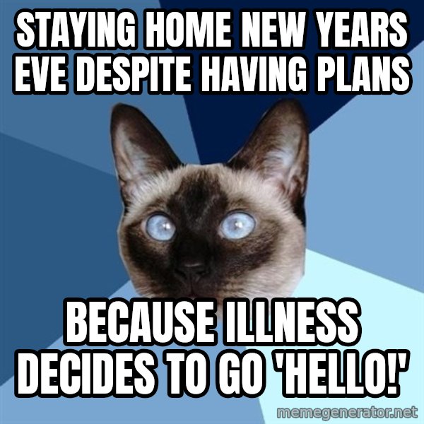 Chronic Illness Cat meme: staying home new years eve despite having plans / because illness decides to go 'hello!'