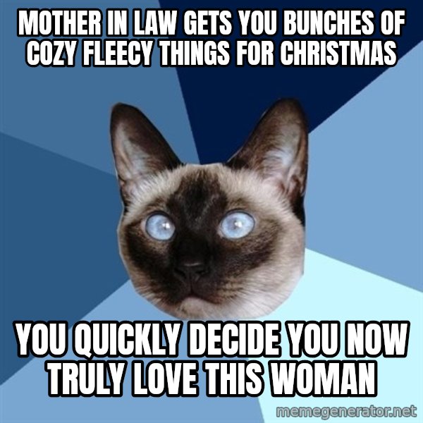 Chronic Illness Cat meme: Mother in law gets you bunches of cozy fleecy things for christmas / you quickly decide you now truly love this woman