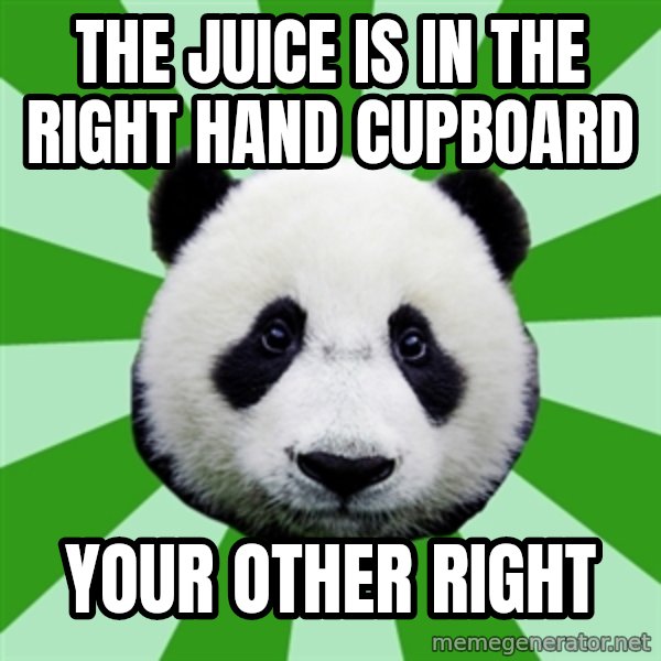 Dyspraxic Panda meme: The Juice is in the right hand cupboard / your other right