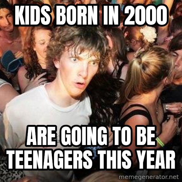 Sudden Realization Ralph meme: kids born in 2000 / are going to be teenagers this year
