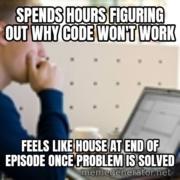Computer Programmer meme: Spends hours figuring out why code won't work / Feels like house at end of episode once problem is solved