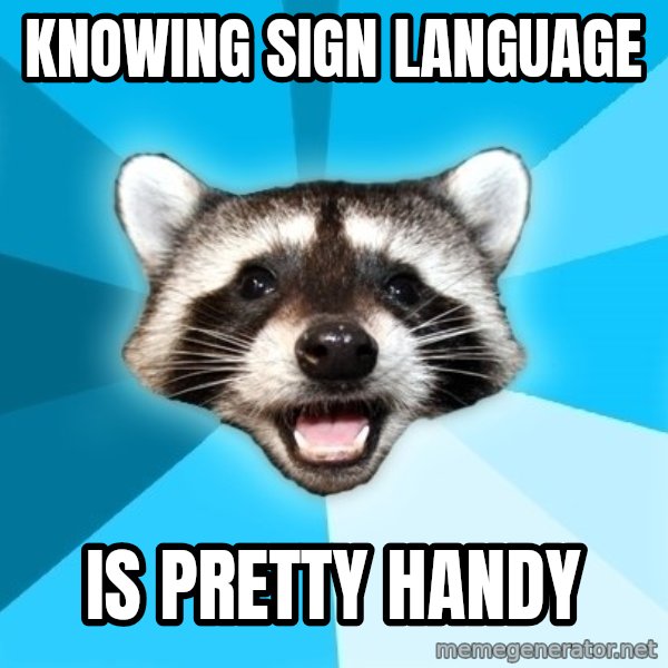 Lame Pun Coon meme: knowing Sign LANGUAGE / is pretty handy