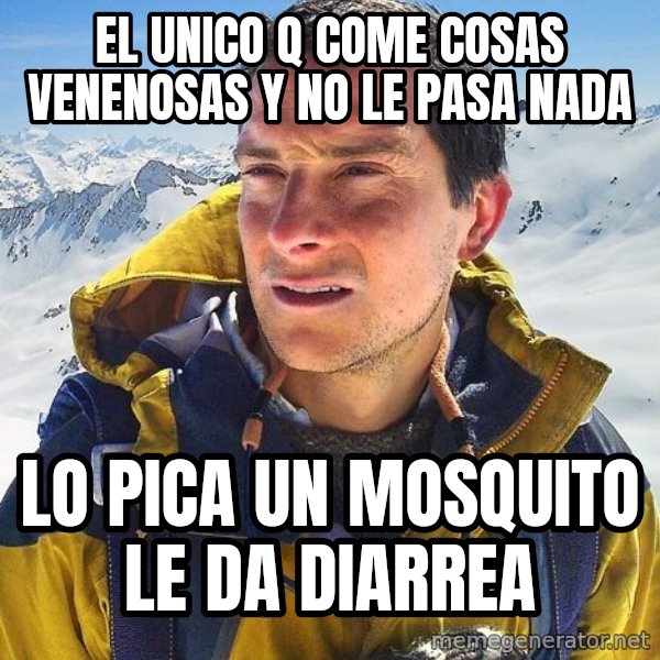 Bear Grylls Loneliness meme: el unico q come cosas venenosas y no le pasa nada / LO PICA UN MOSQUITO LE DA diarrea