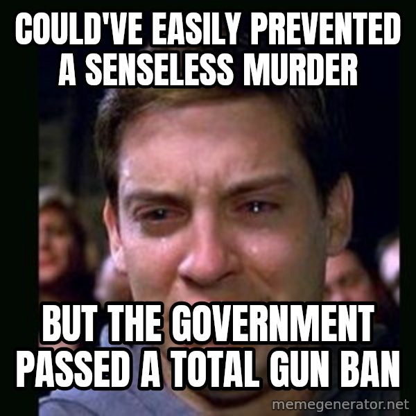 crying peter parker meme: could've easily prevented a senseless murder / but the government passed a total gun ban