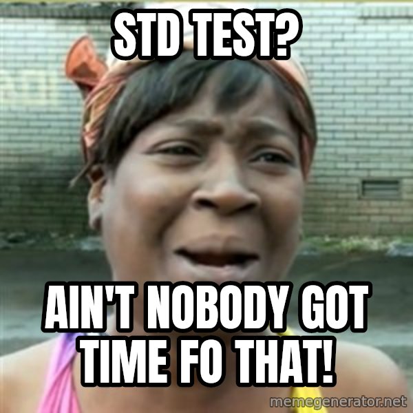 Ain't Nobody got time fo that meme: Std test? / Ain't nobody got time fo that!