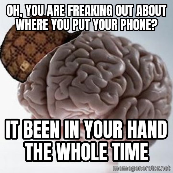 Scumbag Brain meme: Oh, you are freaking out about where you put your phone? / It been in your hand the whole time