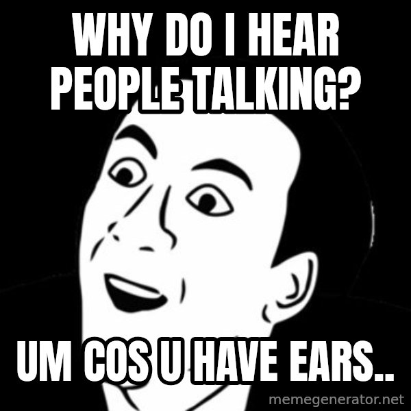 you don't say meme meme: WHY DO I HEAR PEOPLE TALKING? / UM COS U HAVE EARS..