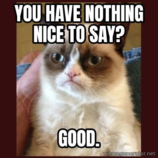 Grumpy Cat  meme: You have nothing nice to say? / Good.