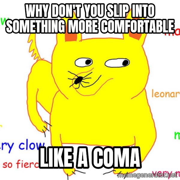Grumpy Cat  meme: Why don't you slip into something more comfortable / Like a coma