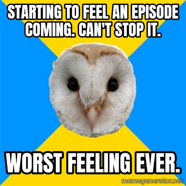 Bipolar Owl meme: Starting to feel an episode coming. can't stop it. / worst feeling ever.