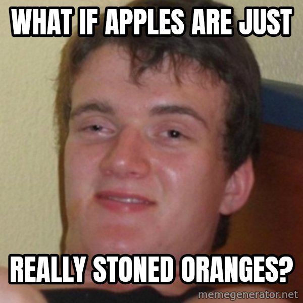 Stoner Guy meme: what if apples are just / really stoned oranges?