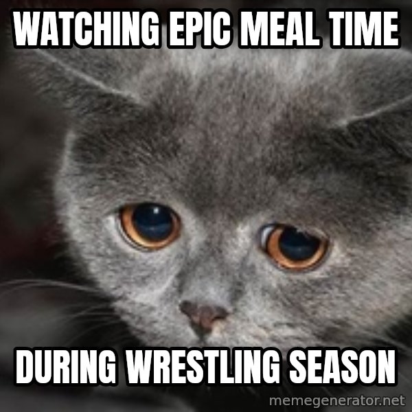 Sadcat meme: watching epic meal time / DURING wrestling season