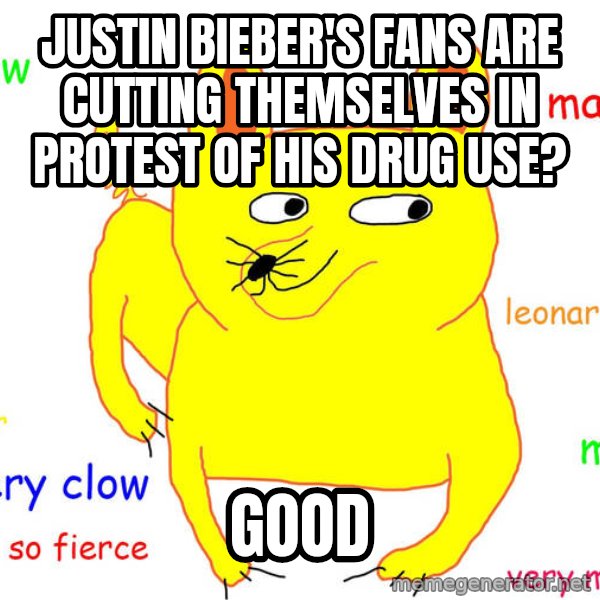 Grumpy Cat  meme: Justin Bieber's fans are cutting themselves in protest of his drug use? / good