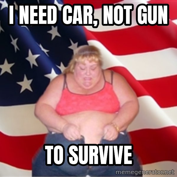 Asinine America meme: I need car, not gun / to survive