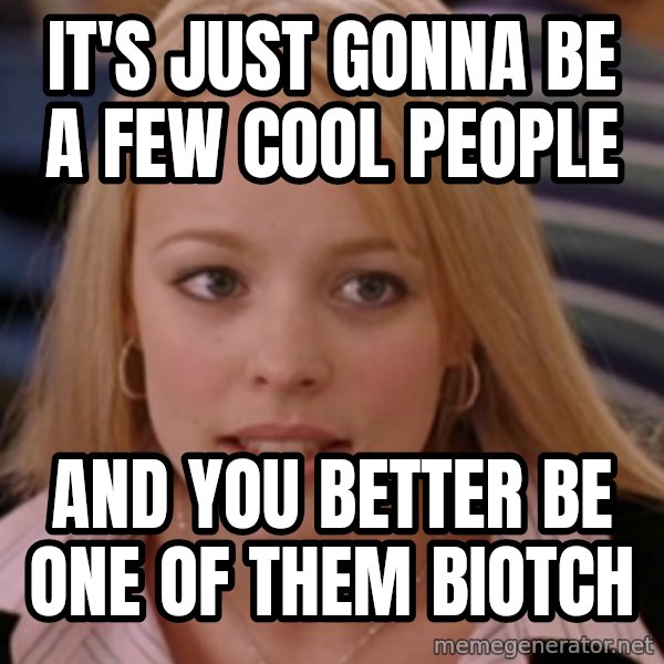 mean girls meme: iT'S JUST GONNA BE A FEW COOL PEOPLE / and you better be ONE OF THEM BIOTCH