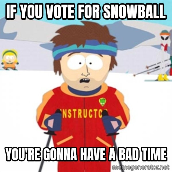 SouthPark Bad Time meme meme: If you vote for snowball / you're gonna have a bad time