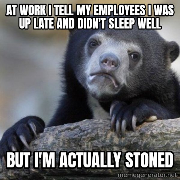 Confession Bear meme: At work I tell my employees I was up late and didn't sleep well / but I'm actually stoned