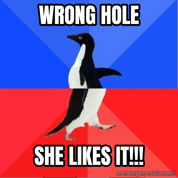 Socially Awkward to Awesome Penguin meme: WRONG HOLE / SHE LIKES IT!!!