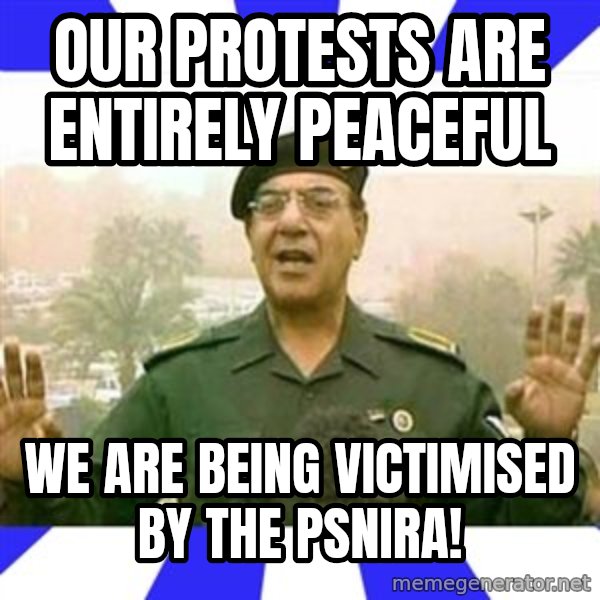 Comical Ali meme: Our protests are entirely peaceful / WE are being victimised by the PSNIRA!