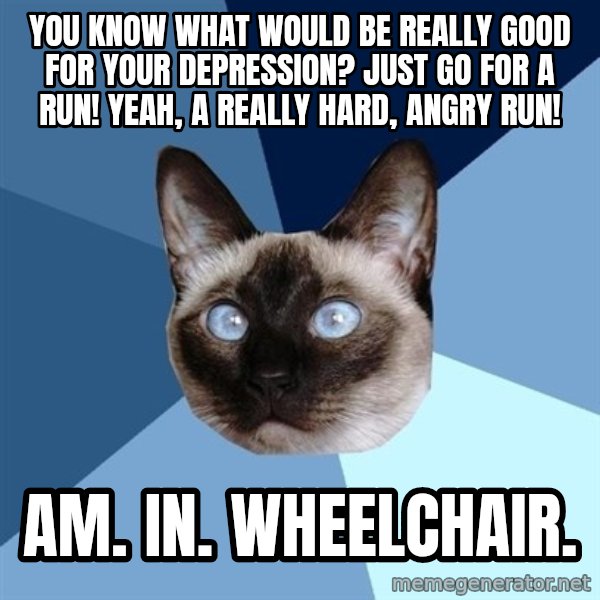Chronic Illness Cat meme: You know what would be really good for your depression? Just go for a run! Yeah, a really hard, angry run! / am. In. Wheelchair.