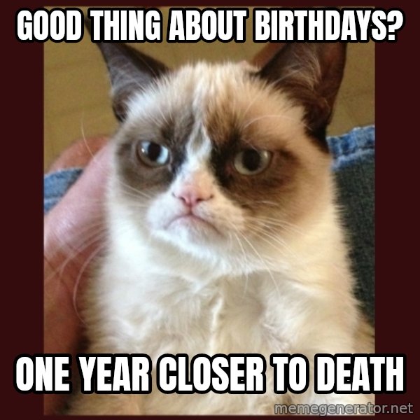 Grumpy Cat  meme: good thing about birthdays? / one year closer to death
