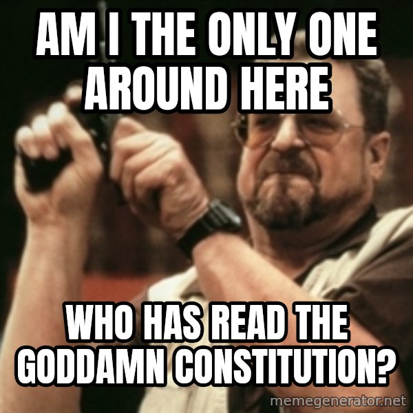 Walter Sobchak with gun meme: am i the only one around here / who has read the goddamn constitution?