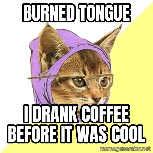 Hipster Kitty meme: BURNED tongue / I drank coffee before  it was cool